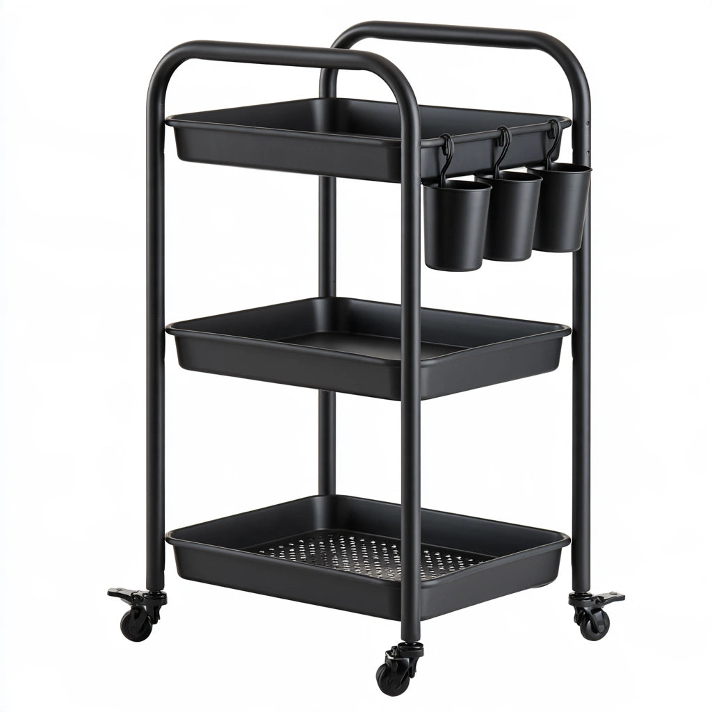Carrello portaoggetti dalle linee essenziali su ruote a tre livelli, colore grigio