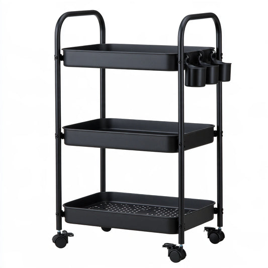 Carrello portaoggetti dalle linee essenziali su ruote a tre livelli, colore grigio
