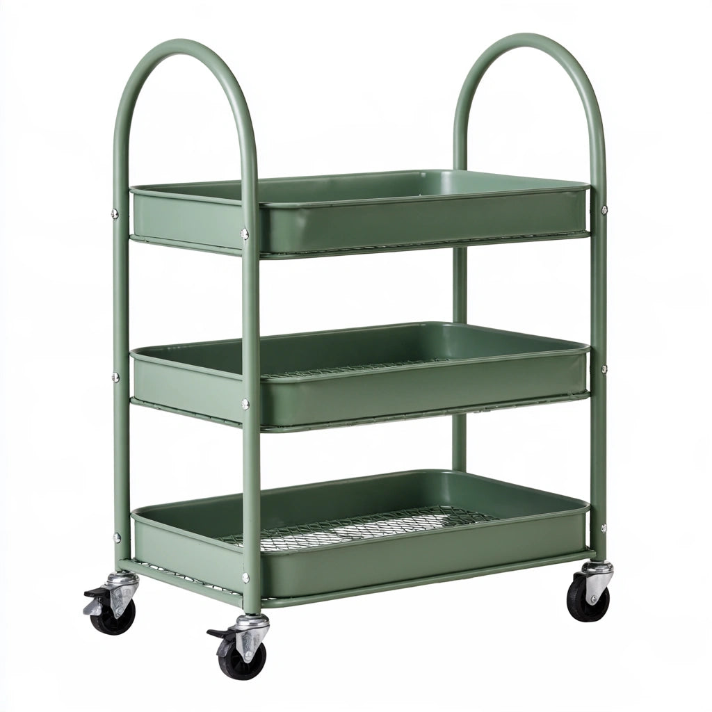 Carrello portaoggetti dalle linee essenziali su ruote a tre livelli, colore grigio