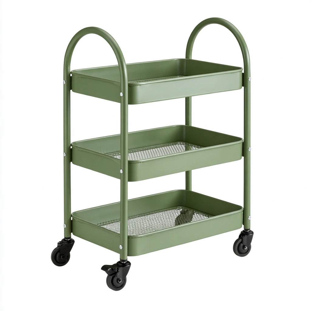 Carrello portaoggetti dalle linee essenziali su ruote a tre livelli, colore grigio