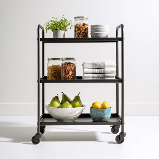 Carrello portaoggetti dalle linee essenziali su ruote a tre livelli, colore nero