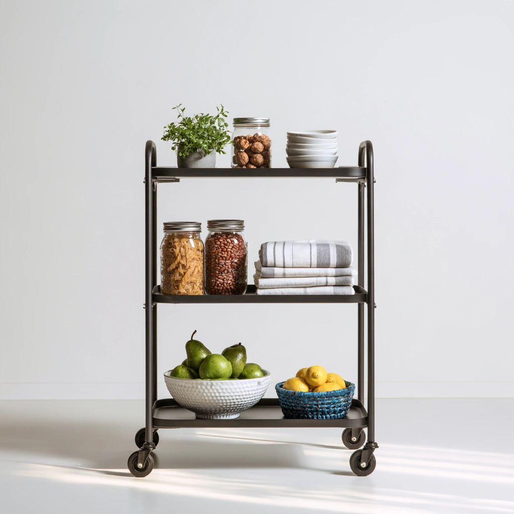 Carrello portaoggetti dalle linee essenziali su ruote a tre livelli, colore nero