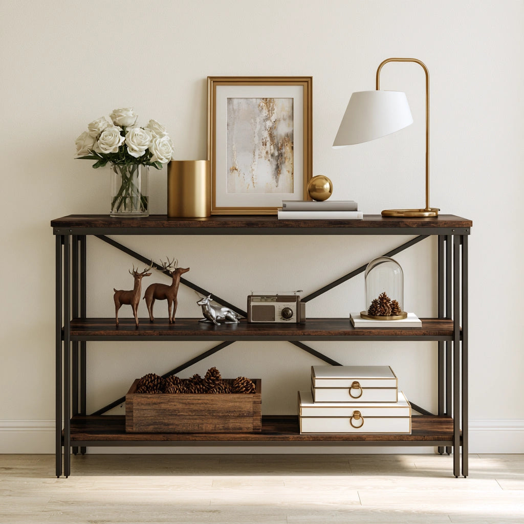 Consolle da ingresso dalle linee essenziali a tre livelli, colore grigio