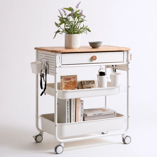Carrello portaoggetti in metallo su ruote a tre livelli, colore bianco
