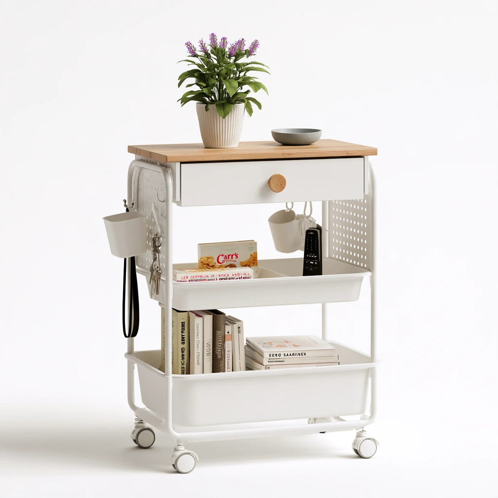 Carrello portaoggetti in metallo su ruote a tre livelli, colore bianco