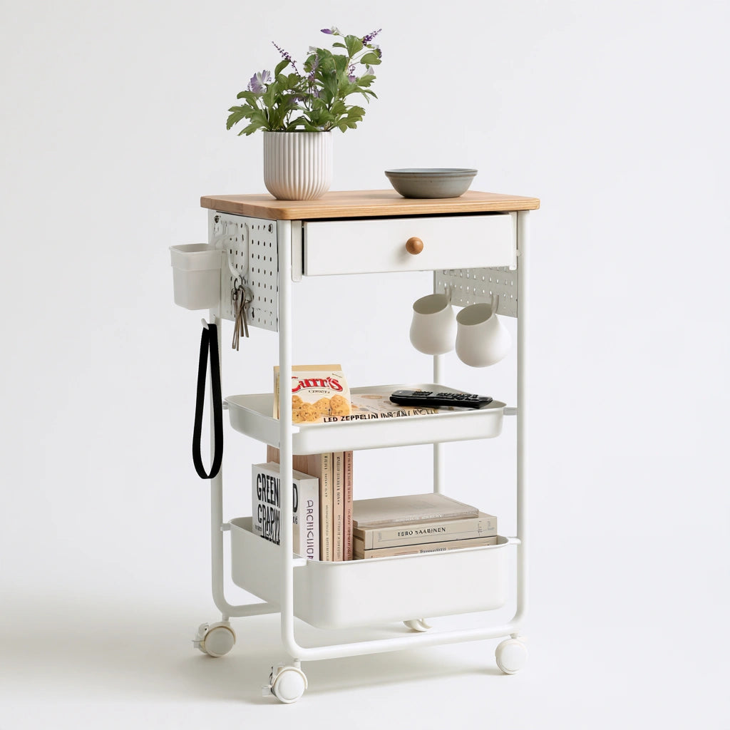 Carrello portaoggetti in metallo su ruote a tre livelli, colore bianco