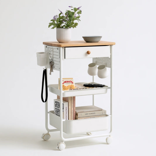 Carrello portaoggetti in metallo su ruote a tre livelli, colore bianco